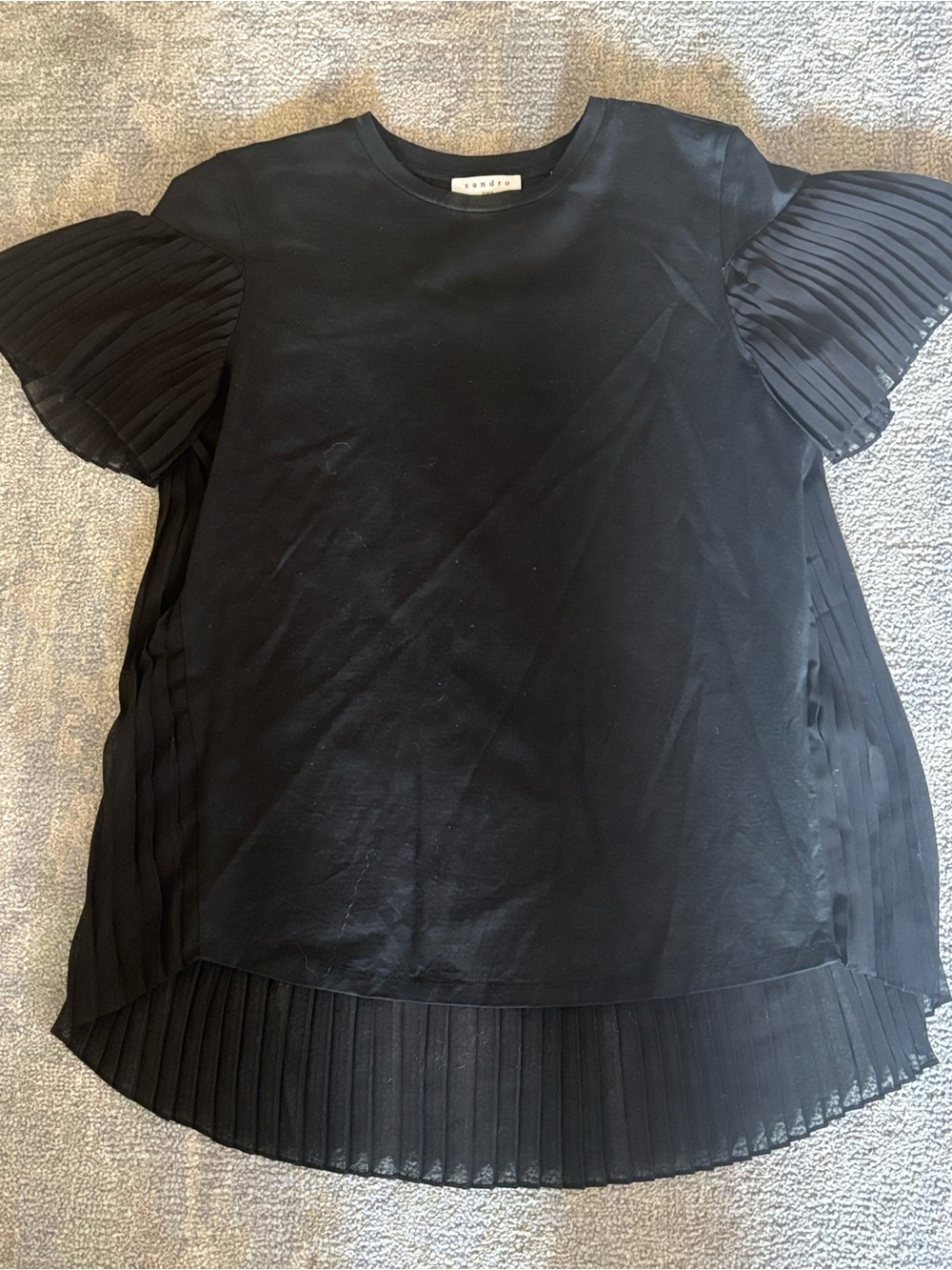 Sandro Paris Black Back Pleated Top with Pleated Flutter Sleeves